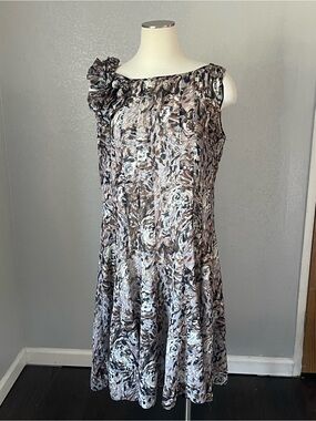 SL Fashions One-Shoulder Floral Ruffle Dress in Taupe and Gray